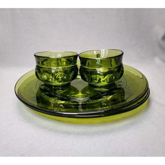 Snack Plates & Cups Indiana Glass King's Crown Thumbprint Avocado Green Vintage - Picture 5 of 8